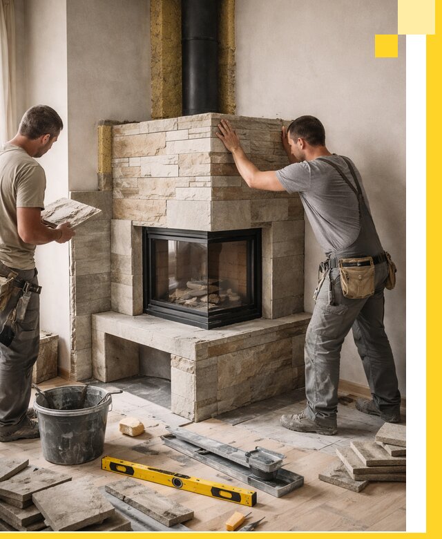 Угловые камины под ключ проект, монтаж и отделка в Ишиме